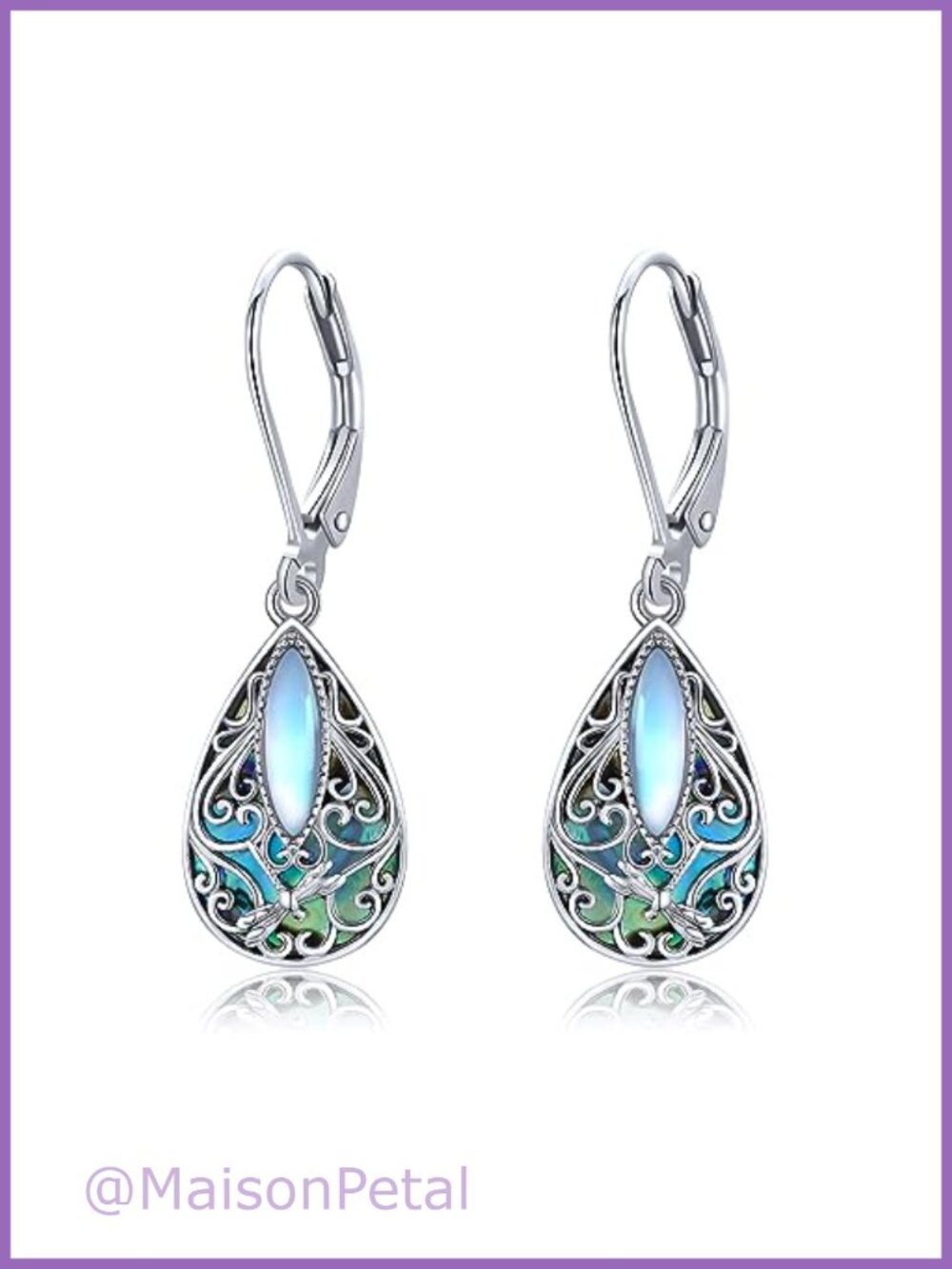 Sterling Silver Dragonfly Filigree Dangle Earrings Abalone Shell Leverback